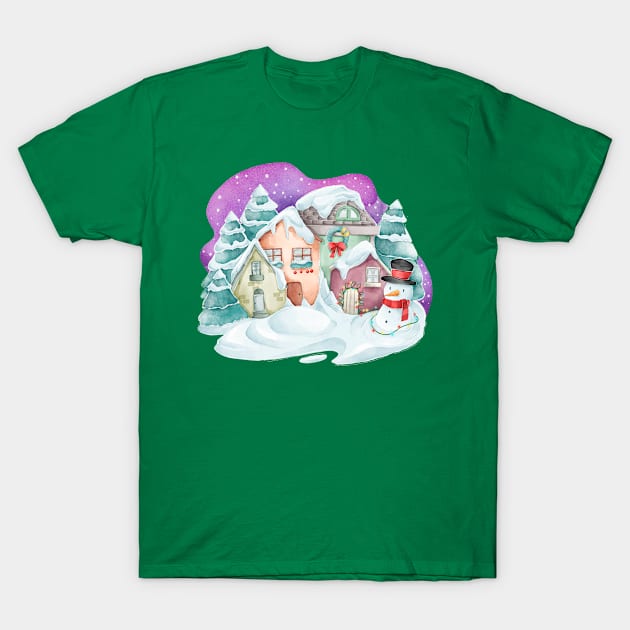 Christmas Snowman Watercolor T-Shirt by Mako Design 